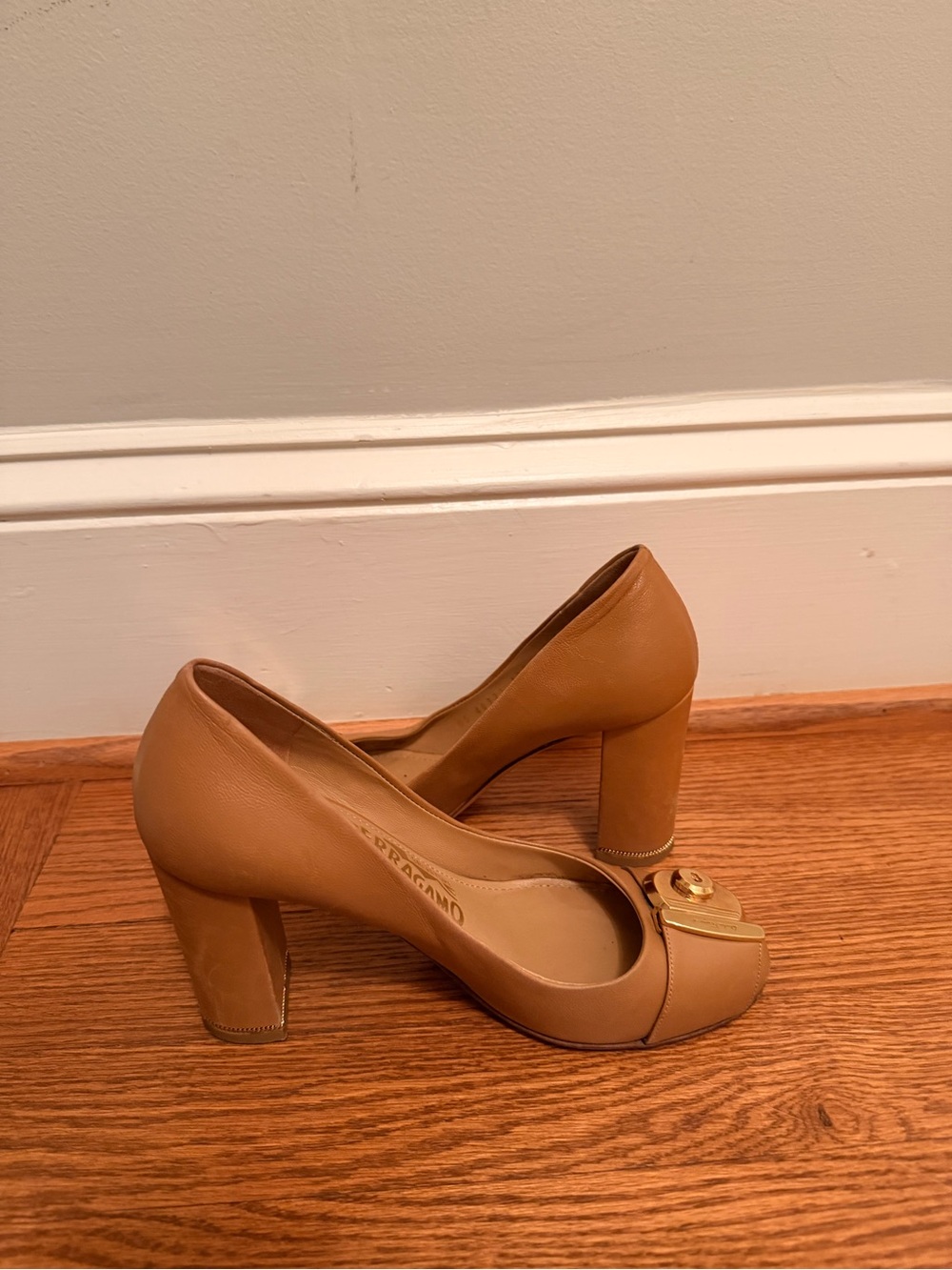 Salvatore Ferragamo Tan Leather Block Heel Pumps with Gold Accent